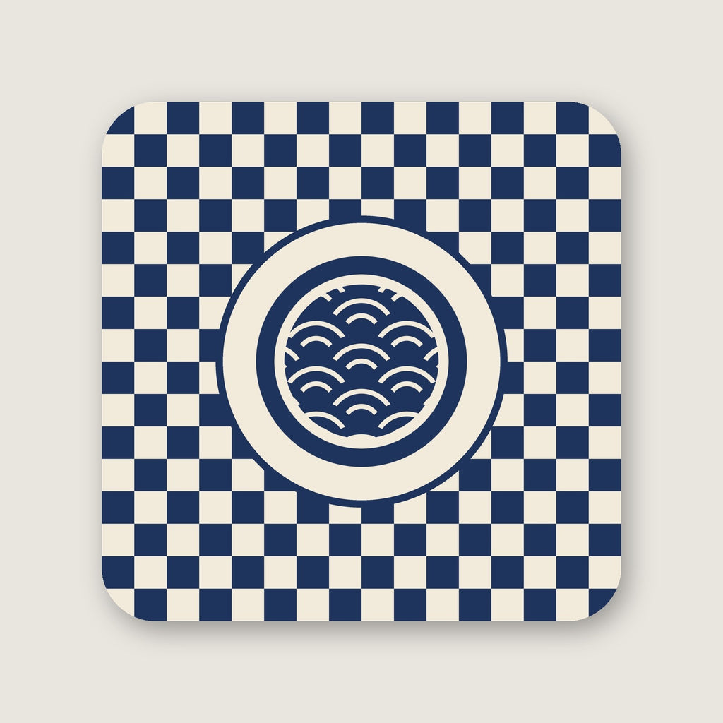 Ichimatsu checkerboard pattern pillow with seigaiha wave crest design by Mojinami